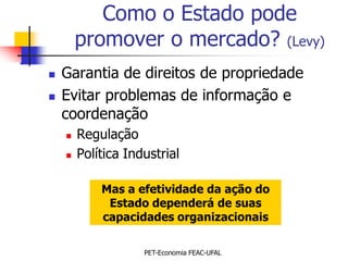 Como o Estado pode
        promover o mercado? (Levy)
   Garantia de direitos de propriedade
   Evitar problemas de informação e
    coordenação
       Regulação
       Política Industrial

            Mas a efetividade da ação do
             Estado dependerá de suas
            capacidades organizacionais

                    PET-Economia FEAC-UFAL
 