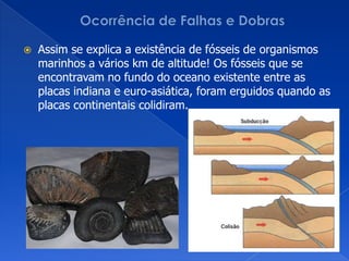 Ocorrência de Falhas e DobrasAssim se explica a existência de fósseis de organismos marinhos a vários km de altitude! Os fósseis que se encontravam no fundo do oceano existente entre as placas indiana e euro-asiática, foram erguidos quando as placas continentais colidiram.