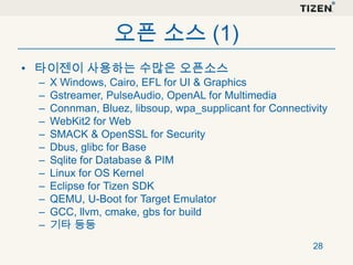 오픈 소스 (1)
• 타이젠이 사용하는 수많은 오픈소스
–
–
–
–
–
–
–
–
–
–
–
–

X Windows, Cairo, EFL for UI & Graphics
Gstreamer, PulseAudio, OpenAL for Multimedia
Connman, Bluez, libsoup, wpa_supplicant for Connectivity
WebKit2 for Web
SMACK & OpenSSL for Security
Dbus, glibc for Base
Sqlite for Database & PIM
Linux for OS Kernel
Eclipse for Tizen SDK
QEMU, U-Boot for Target Emulator
GCC, llvm, cmake, gbs for build
기타 등등
28

 
