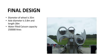• Diameter of wheel is 35m
• Axle diameter is 3.8m and
length 28m
• Water filled Caisson capacity
250000 litres
FINAL DESIGN