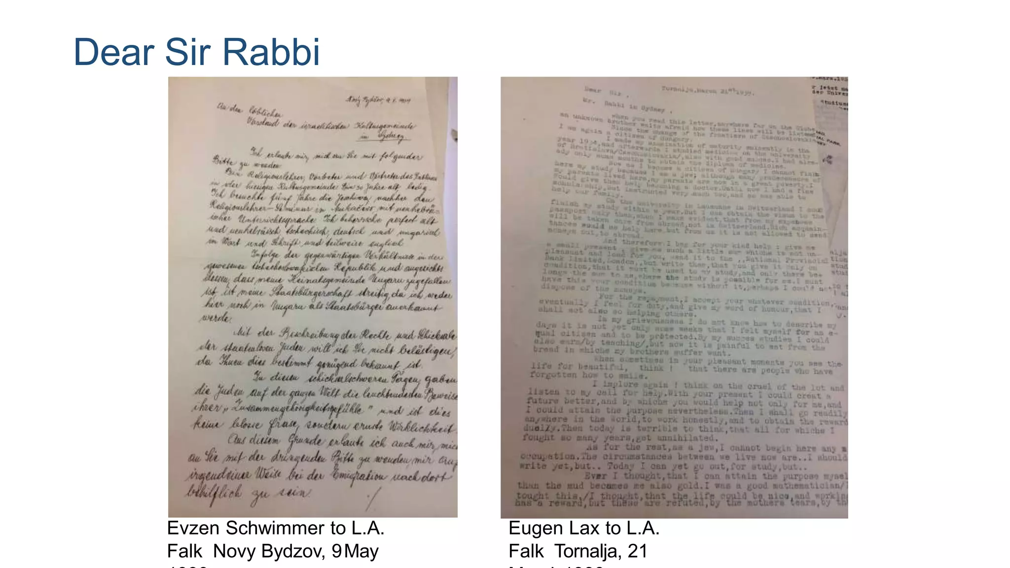 Dear Sir Rabbi
Evzen Schwimmer to L.A.
Falk Novy Bydzov, 9May
Eugen Lax to L.A.
Falk Tornalja, 21
 
