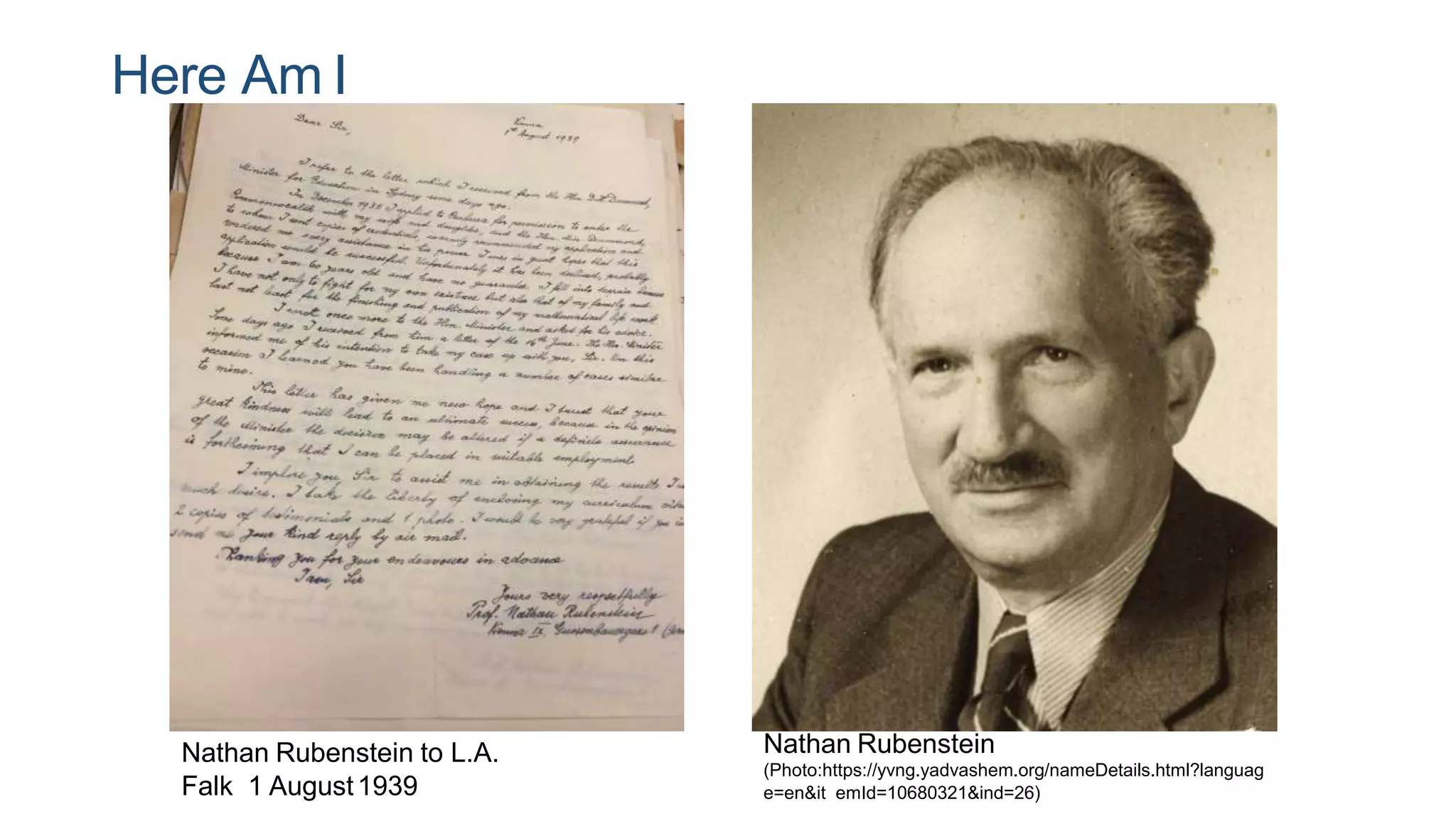 Here Am I
Nathan Rubenstein to L.A.
Falk 1 August1939
Nathan Rubenstein
(Photo:https://yvng.yadvashem.org/nameDetails.html?languag
e=en&it emId=10680321&ind=26)
 