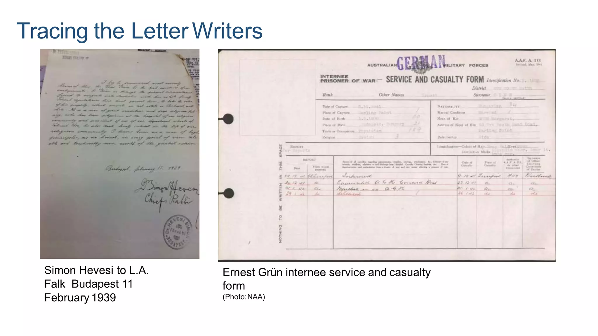 Tracing the Letter Writers
Simon Hevesi to L.A.
Falk Budapest 11
February 1939
Ernest Grün internee service and casualty
form
(Photo:NAA)
 