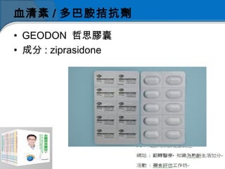 血清素 / 多巴胺拮抗劑
• GEODON 哲思膠囊
• 成分 : ziprasidone
 