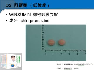 D2 阻斷劑 ( 低強度 )
• WINSUMIN 穩舒眠膜衣錠
• 成分 : chlorpromazine
 