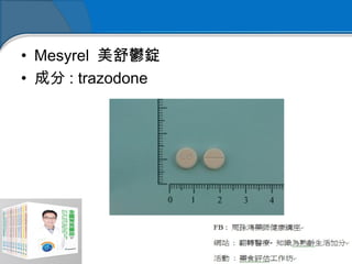 • Mesyrel 美舒鬱錠
• 成分 : trazodone 
 
