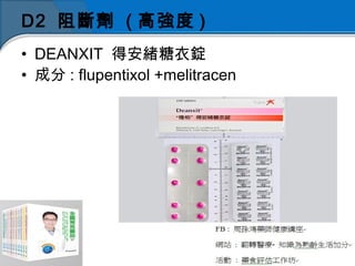 D2 阻斷劑 ( 高強度 )
• DEANXIT 得安緒糖衣錠
• 成分 : flupentixol +melitracen
 