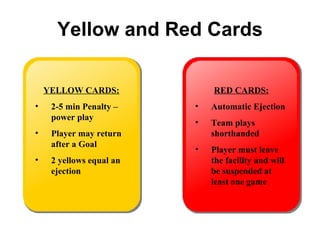 Yellow and Red Cards <ul><li>YELLOW CARDS: </li></ul><ul><li>2-5 min Penalty – power play  </li></ul><ul><li>Player may re...