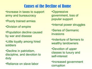 Increase in taxes to support army and bureaucracy Poorly trained armies Division of empire Population decline caused by war and disease Little loyalty among hired soldiers Decline in patriotism, discipline, and devotion to duty Reliance on slave labor Oppressive government, loss of popular support Internal power struggles Series of Germanic invasions Indenture of farmers to wealthy landowners  Devotion of upper classes to luxury and self-interest Increased government corruption Causes of the Decline of Rome 