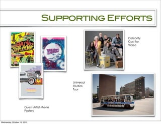 Supporting Efforts

                                                         Celebrity
                                                         Cast for
                                                         Video




                                             Universal
                                             Studios
                                             Tour




                        Guest Artist Movie
                        Posters


Wednesday, October 19, 2011
 