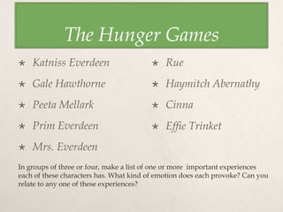 The Hunger Games
   Katniss Everdeen                        Rue
   Gale Hawthorne                          Haymitch Abernathy
   Peeta Mellark                           Cinna
   Prim Everdeen                           Effie Trinket 
   Mrs. Everdeen
In groups of three or four, make a list of one or more important experiences
each of these characters has. What kind of emotion does each provoke? Can you
relate to any one of these experiences?
 