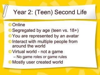 Year 2: (Teen) Second Life Online Segregated by age (teen vs. 18+) You are represented by an avatar Interact with multiple people from around the world Virtual world - not a game No game roles or game rules Mostly user created world 