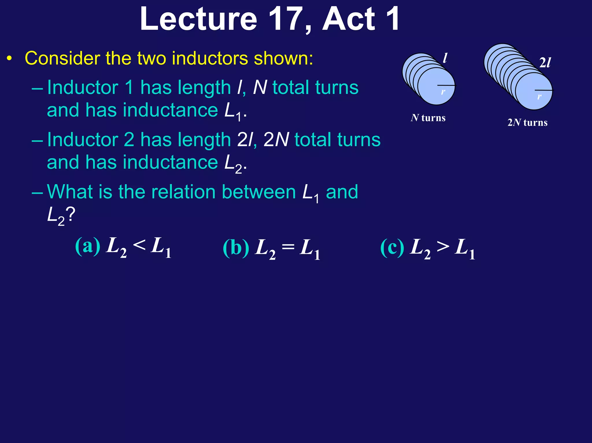 Lecture 17, Act 1
• Consider the two inductors shown:
– Inductor 1 has length l, N total turns
and has inductance L1.
– Inductor 2 has length 2l, 2N total turns
and has inductance L2.
– What is the relation between L1 and
L2?
(a) L2 < L1 (b) L2 = L1 (c) L2 > L1
l
r
N turns
r
2l
r
2N turns
 