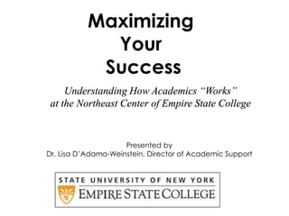 Maximizing  Your  Success Understanding How Academics “Works” at the Northeast Center of Empire State College Presented by Dr. Lisa D’Adamo-Weinstein, Director of Academic Support 