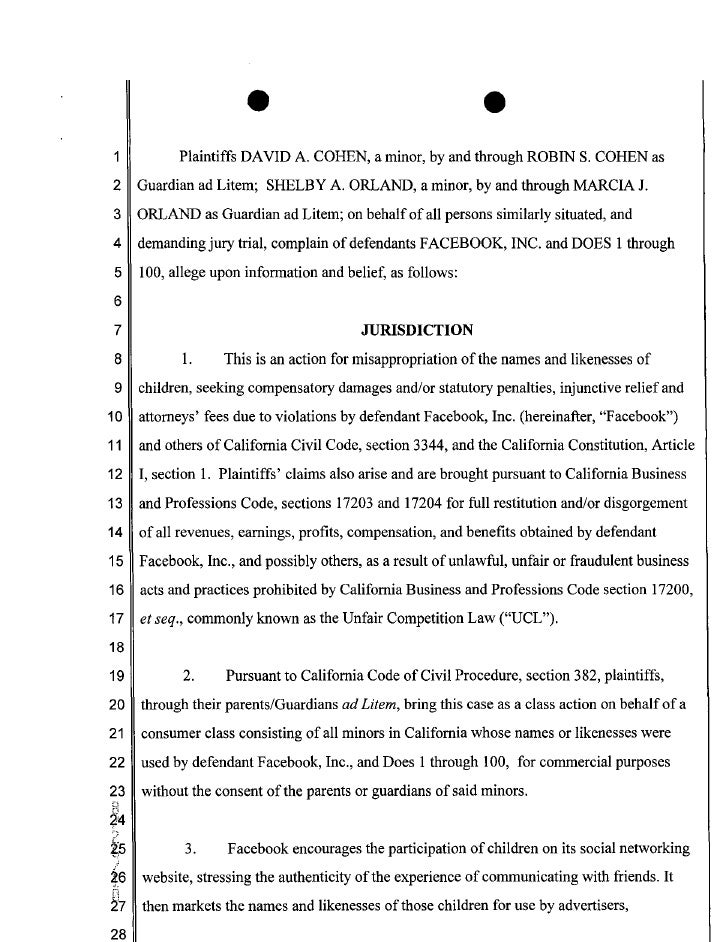 Fall 2010 Closed Memo No 2 Cohen V Facebook Minors Right Of Pu