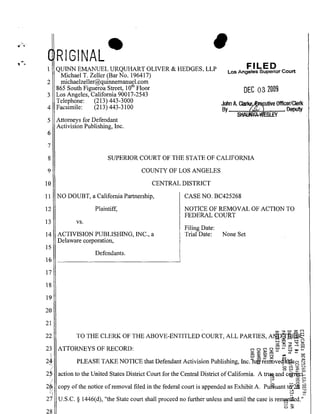 Fall 2010 open memo assignment no doubt v. activision right of publicity california  notice of removal
