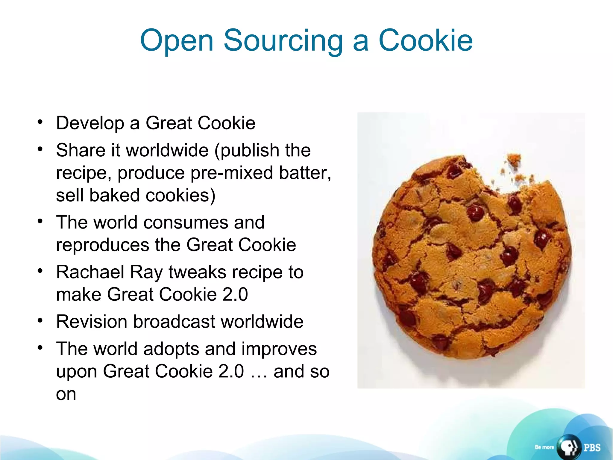 Develop a Great Cookie Share it worldwide (publish the recipe, produce pre-mixed batter, sell baked cookies) The world consumes and reproduces the Great Cookie Rachael Ray tweaks recipe to make Great Cookie 2.0 Revision broadcast worldwide The world adopts and improves upon Great Cookie 2.0 … and so on Open Sourcing a Cookie 