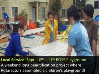Local Service: Sept. 10th – 11th BOSS PlaygroundA weekend long beautification project where Rotaractors assembled a children’s playground! 