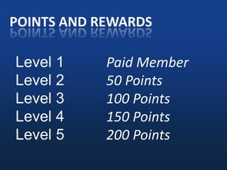  Paid duesPOINTS AND REWARDSLevel 1		Paid MemberLevel 2		50 PointsLevel 3		100 PointsLevel 4		150 PointsLevel 5		200 Points