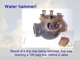 Water hammer!

Result of a drip trap being removed, that was
draining a 100 psig line, before a valve

 