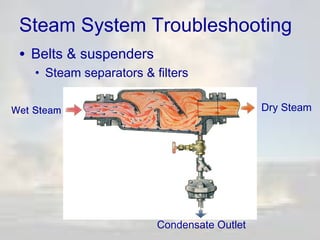 Steam System Troubleshooting
• Belts & suspenders

• Steam separators & filters
Dry Steam

Wet Steam

Condensate Outlet

 