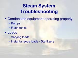Steam System
Troubleshooting
• Condensate equipment operating properly
• Pumps
• Flash tanks

• Loads

• Varying loads
• Instantaneous loads - Sterilizers

 