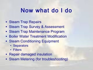Now what do I do
•
•
•
•
•

Steam Trap Repairs
Steam Trap Survey & Assessment
Steam Trap Maintenance Program
Boiler Water Treatment Modification
Steam Conditioning Equipment
• Separators
• Filters

• Repair damaged insulation
• Steam Metering (for troubleshooting)

 