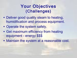 Your Objectives
(Challenges)

• Deliver good quality steam to heating,

humidification and process equipment.
• Operate the system safely.
• Get maximum efficiency from heating
equipment - energy $$$
• Maintain the system at a reasonable cost.

 