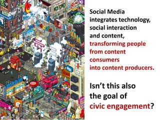 Social Mediaintegrates technology,social interactionand content,transforming peoplefrom content consumersinto content producers.Isn’t this alsothe goal ofcivic engagement? Image: jacobtyler.com
