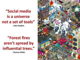 “Social mediais a universenot a set of tools”- John Haydon"Forest firesaren't spread by influential trees.”- Duncan WattsImage: jacobtyler.com