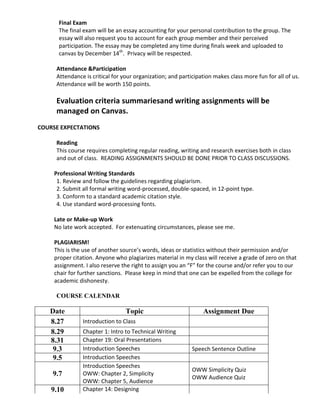 Final Exam
      The final exam will be an essay accounting for your personal contribution to the group. The
      essay will also request you to account for each group member and their perceived
      participation. The essay may be completed any time during finals week and uploaded to
      canvas by December 14th. Privacy will be respected.

     Attendance &Participation
     Attendance is critical for your organization; and participation makes class more fun for all of us.
     Attendance will be worth 150 points.

     Evaluation criteria summariesand writing assignments will be
     managed on Canvas.
COURSE EXPECTATIONS

     Reading
     This course requires completing regular reading, writing and research exercises both in class
     and out of class. READING ASSIGNMENTS SHOULD BE DONE PRIOR TO CLASS DISCUSSIONS.

     Professional Writing Standards
      1. Review and follow the guidelines regarding plagiarism.
      2. Submit all formal writing word-processed, double-spaced, in 12-point type.
      3. Conform to a standard academic citation style.
      4. Use standard word-processing fonts.

     Late or Make-up Work
     No late work accepted. For extenuating circumstances, please see me.

     PLAGIARISM!
     This is the use of another source’s words, ideas or statistics without their permission and/or
     proper citation. Anyone who plagiarizes material in my class will receive a grade of zero on that
     assignment. I also reserve the right to assign you an “F” for the course and/or refer you to our
     chair for further sanctions. Please keep in mind that one can be expelled from the college for
     academic dishonesty.

     COURSE CALENDAR

   Date                          Topic                          Assignment Due
   8.27         Introduction to Class
   8.29         Chapter 1: Intro to Technical Writing
   8.31         Chapter 19: Oral Presentations
    9.3         Introduction Speeches                       Speech Sentence Outline
    9.5         Introduction Speeches
                Introduction Speeches
                                                            OWW Simplicity Quiz
    9.7         OWW: Chapter 2, Simplicity
                                                            OWW Audience Quiz
                OWW: Chapter 5, Audience
    9.10        Chapter 14: Designing
 