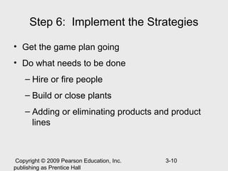 Step 6: Implement the Strategies

• Get the game plan going
• Do what needs to be done
    – Hire or fire people
    – Build or close plants
    – Adding or eliminating products and product
      lines



 Copyright © 2009 Pearson Education, Inc.   3-10
publishing as Prentice Hall
 