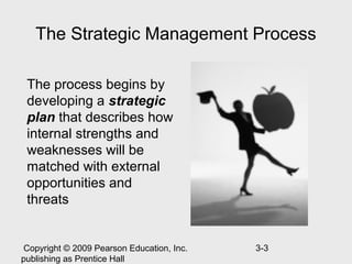 The Strategic Management Process

 The process begins by
 developing a strategic
 plan that describes how
 internal strengths and
 weaknesses will be
 matched with external
 opportunities and
 threats


 Copyright © 2009 Pearson Education, Inc.   3-3
publishing as Prentice Hall
 