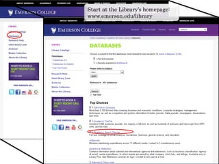 Start at the Library’s homepage:
www.emerson.edu/library
 