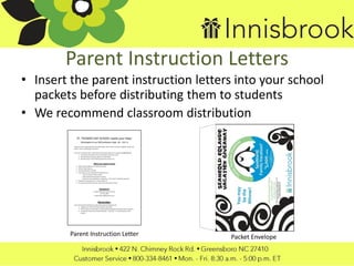 Parent Instruction Letters
• Insert the parent instruction letters into your school
packets before distributing them to students
• We recommend classroom distribution
Packet EnvelopeParent Instruction Letter
 