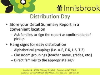 Distribution Day
• Store your Detail Summary Report in a
convenient location
– Ask families to sign the report as confirmation of
pickup
• Hang signs for easy distribution
– Alphabetical groupings (i.e. A-E, F-K, L-S, T-Z)
– Classroom groupings (teacher name, grades, etc.)
– Direct families to the appropriate sign
 