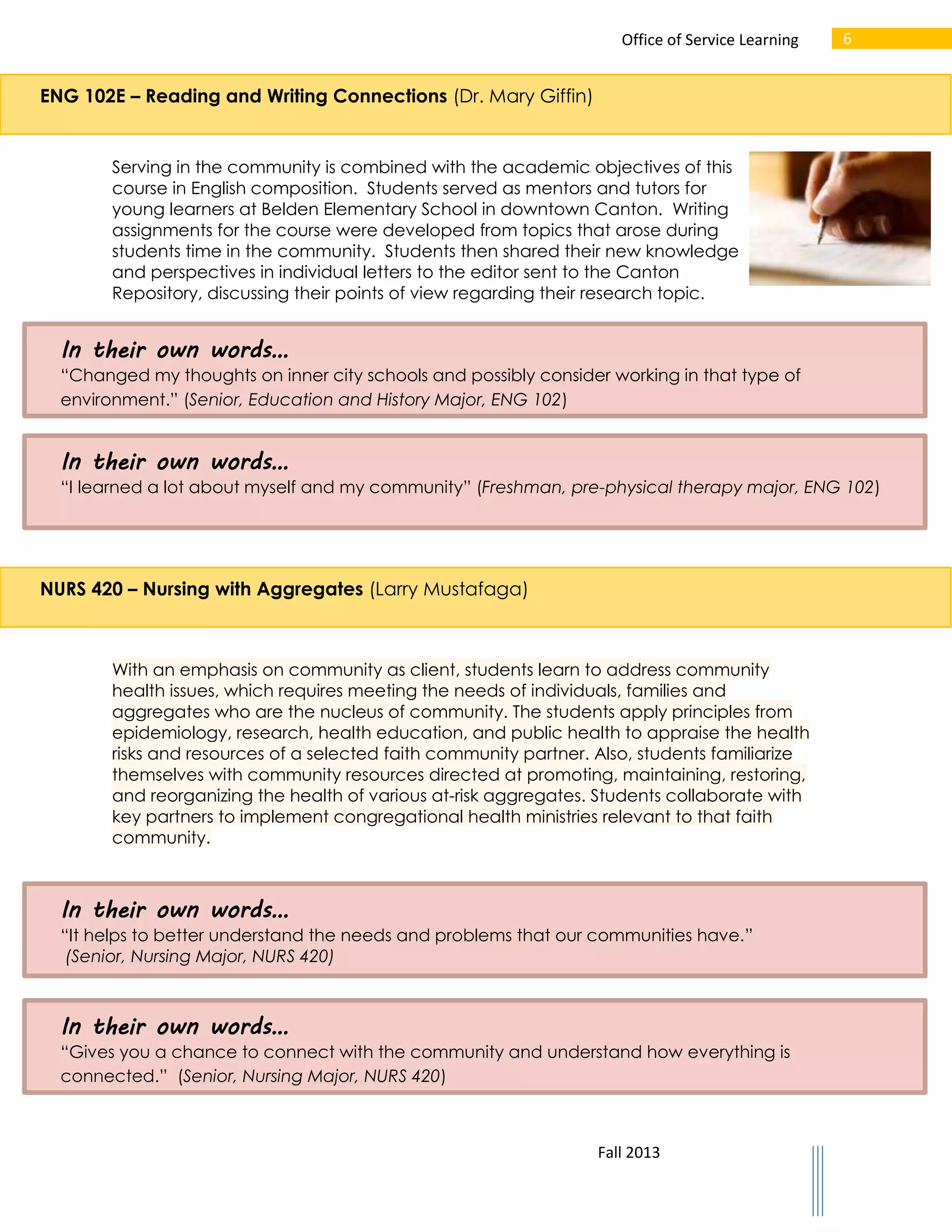 Office of Service Learning

6

ENG 102E – Reading and Writing Connections (Dr. Mary Giffin)

Serving in the community is combined with the academic objectives of this
course in English composition. Students served as mentors and tutors for
young learners at Belden Elementary School in downtown Canton. Writing
assignments for the course were developed from topics that arose during
students time in the community. Students then shared their new knowledge
and perspectives in individual letters to the editor sent to the Canton
Repository, discussing their points of view regarding their research topic.

In their own words…
“Changed my thoughts on inner city schools and possibly consider working in that type of
environment.” (Senior, Education and History Major, ENG 102)

In their own words…
“I learned a lot about myself and my community” (Freshman, pre-physical therapy major, ENG 102)

NURS 420 – Nursing with Aggregates (Larry Mustafaga)

With an emphasis on community as client, students learn to address community
health issues, which requires meeting the needs of individuals, families and
aggregates who are the nucleus of community. The students apply principles from
epidemiology, research, health education, and public health to appraise the health
risks and resources of a selected faith community partner. Also, students familiarize
themselves with community resources directed at promoting, maintaining, restoring,
and reorganizing the health of various at-risk aggregates. Students collaborate with
key partners to implement congregational health ministries relevant to that faith
community.

In their own words…
“It helps to better understand the needs and problems that our communities have.”
(Senior, Nursing Major, NURS 420)

In their own words…
“Gives you a chance to connect with the community and understand how everything is
connected.” (Senior, Nursing Major, NURS 420)

Fall 2013

 