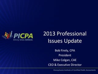 2013 Professional
Issues Update
Bob Firely, CPA
President
Mike Colgan, CAE
CEO & Executive Director

 