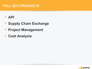 FALL 2013 PRODUCTS
• API
• Supply Chain Exchange
• Project Management
• Cost Analysis
 