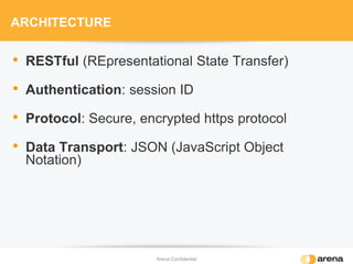 ARCHITECTURE
• RESTful (REpresentational State Transfer)
• Authentication: session ID
• Protocol: Secure, encrypted https protocol
• Data Transport: JSON (JavaScript Object
Notation)
Arena Confidential
 
