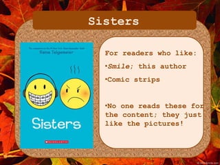 Sisters 
For readers who like: 
•Smile; this author 
•Comic strips 
•No one reads these for 
the content; they just 
like the pictures! 
 