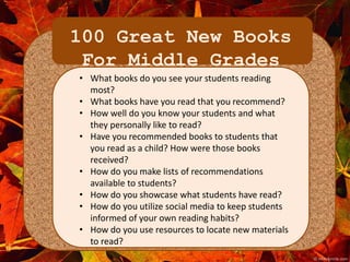100 Great New Books 
For Middle Grades 
• What books do you see your students reading 
most? 
• What books have you read that you recommend? 
• How well do you know your students and what 
they personally like to read? 
• Have you recommended books to students that 
you read as a child? How were those books 
received? 
• How do you make lists of recommendations 
available to students? 
• How do you showcase what students have read? 
• How do you utilize social media to keep students 
informed of your own reading habits? 
• How do you use resources to locate new materials 
to read? 
