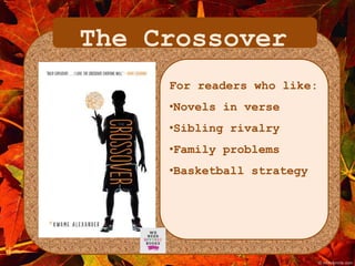 The Crossover 
For readers who like: 
•Novels in verse 
•Sibling rivalry 
•Family problems 
•Basketball strategy 
 