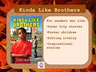 Kinda Like Brothers 
For readers who like: 
•Inner City stories 
•Foster children 
•Sibling rivalry 
•Inspirational 
stories 
 
