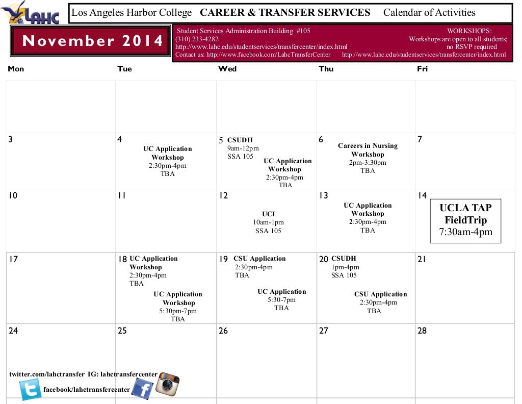 LAHC Transfer Calendar Fall 2014
