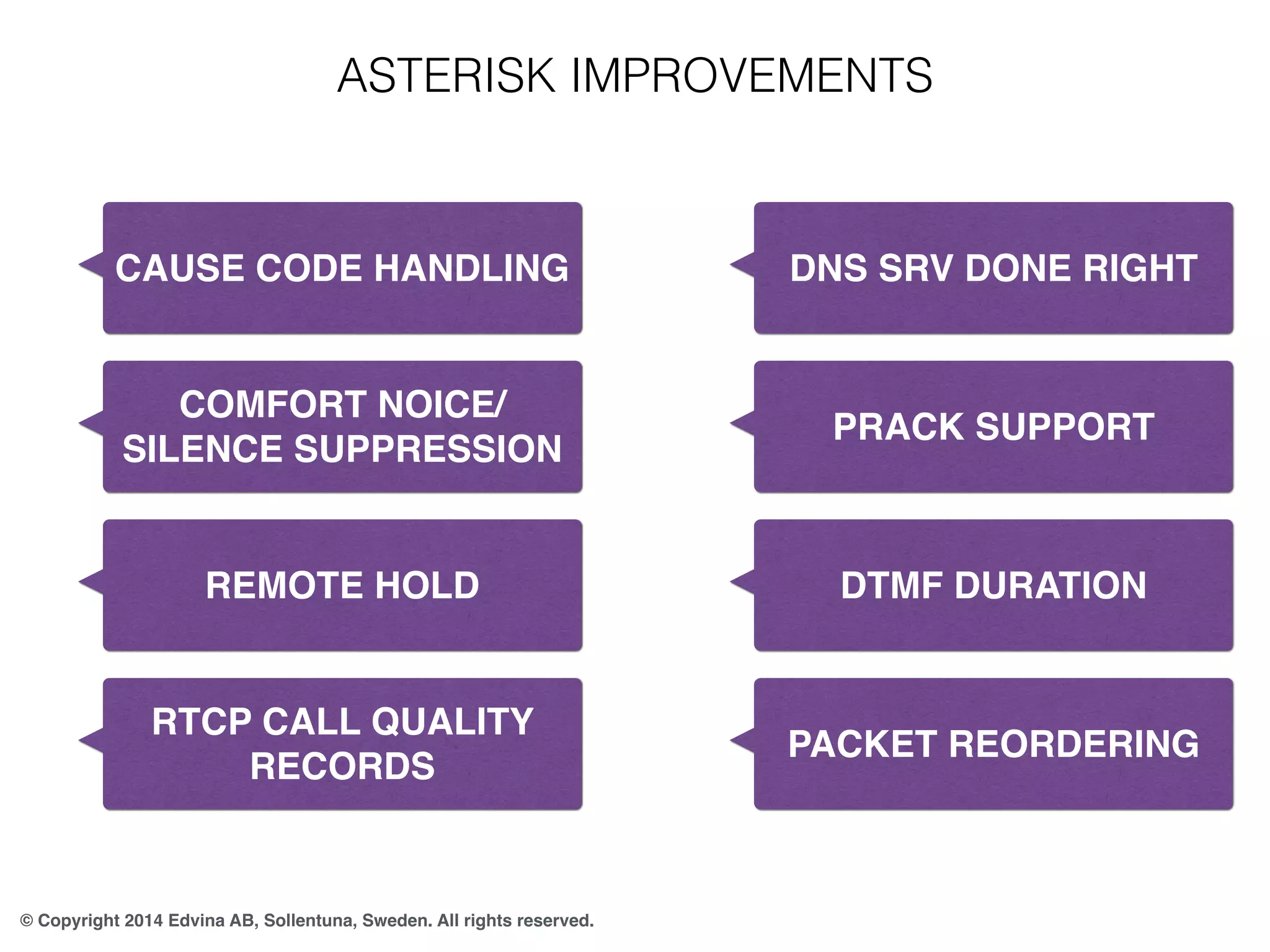 ASTERISK IMPROVEMENTS 
CAUSE CODE HANDLING 
COMFORT NOICE/ 
SILENCE SUPPRESSION 
REMOTE HOLD 
RTCP CALL QUALITY 
RECORDS 
© Copyright 2014 Edvina AB, Sollentuna, Sweden. All rights reserved. 
DNS SRV DONE RIGHT 
PRACK SUPPORT 
DTMF DURATION 
PACKET REORDERING 
 