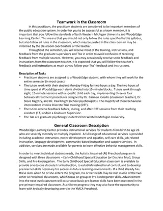 Teamwork 
in 
the 
Classroom 
In 
this 
practicum, 
the 
practicum 
students 
are 
considered 
to 
be 
important 
members 
of 
the 
public 
education 
system. 
In 
order 
for 
you 
to 
be 
successful 
as 
a 
team 
member, 
it 
is 
important 
that 
you 
follow 
the 
standards 
of 
both 
Western 
Michigan 
University 
and 
WoodsEdge 
Learning 
Center. 
This 
means 
that 
you 
should 
not 
only 
follow 
the 
rules 
specified 
in 
this 
syllabus, 
but 
also 
follow 
all 
rules 
in 
the 
classroom, 
which 
may 
be 
posted 
in 
the 
classroom 
or 
may 
be 
informed 
by 
the 
classroom 
coordinators 
or 
the 
teacher. 
Throughout 
the 
semester, 
you 
will 
receive 
most 
of 
the 
training, 
instructions, 
and 
feedback 
from 
the 
graduate 
supervisors 
and 
TAs 
in 
order 
to 
avoid 
confusion 
of 
receiving 
feedback 
from 
multiple 
sources. 
However, 
you 
may 
occasionally 
receive 
some 
feedback 
and 
instructions 
from 
the 
classroom 
teacher. 
It 
is 
expected 
that 
you 
will 
follow 
the 
teacher’s 
feedback 
and 
instructions 
as 
much 
as 
you 
follow 
your 
TAs’ 
feedback 
and 
instructions. 
Description 
of 
Tasks 
• Practicum 
students 
are 
assigned 
to 
a 
WoodsEdge 
student, 
with 
whom 
they 
will 
work 
for 
the 
entire 
semester 
(in 
most 
cases). 
• The 
tutors 
work 
with 
their 
student 
Monday-­‐Friday 
for 
two 
hours 
a 
day. 
The 
two 
hours 
of 
time 
spent 
at 
WoodsEdge 
each 
day 
is 
divided 
into 
15-­‐minute 
blocks. 
Tutors 
work 
through 
eight, 
15-­‐minute 
sessions 
with 
a 
specific 
child 
each 
day, 
implementing 
three 
or 
four 
behavioral 
treatment 
procedures 
designed 
by 
Dr. 
Carmen 
Jonaitis 
(classroom 
teacher), 
Dr. 
Steve 
Ragotzy, 
and 
Dr. 
Paul 
Knight 
(school 
psychologists). 
The 
majority 
of 
these 
behavioral 
interventions 
involve 
Discrete 
Trial 
training 
(DTT). 
• The 
tutors 
receive 
feedback 
before, 
during, 
and 
after 
DTT 
sessions 
from 
their 
teaching 
assistant 
(TA) 
and/or 
a 
Graduate 
Supervisor. 
• The 
TAs 
are 
graduate 
psychology 
students 
from 
Western 
Michigan 
University. 
General 
Classroom 
Description 
WoodsEdge 
Learning 
Center 
provides 
instructional 
services 
for 
students 
from 
birth 
to 
age 
26 
who 
are 
severely 
mentally 
or 
multiply 
impaired. 
A 
full 
range 
of 
educational 
services 
is 
provided 
including 
academic 
instruction, 
motor 
development 
and 
aquatics, 
self-­‐care 
skills, 
job-­‐related 
instruction, 
language 
development, 
community-­‐based 
instruction 
and 
support 
services. 
In 
addition, 
services 
are 
made 
available 
for 
parents 
to 
learn 
effective 
behavior 
management 
skills. 
In 
order 
to 
meet 
individual 
student 
needs, 
the 
Autistic 
Impaired 
(AI) 
Preschool 
program 
is 
designed 
with 
three 
classrooms 
– 
Early 
Childhood 
Special 
Education 
(or 
Discrete 
Trial), 
Group 
Skills, 
and 
Pre-­‐kindergarten. 
The 
Early 
Childhood 
Special 
Education 
classroom 
is 
available 
to 
provide 
one-­‐to-­‐one 
discrete 
trial 
instruction, 
to 
establish 
instructional 
control, 
and 
to 
develop 
pre-­‐learner-­‐skills 
necessary 
for 
success 
in 
future 
learning 
environments. 
If 
a 
child 
already 
has 
these 
skills 
when 
he 
or 
she 
enters 
the 
program, 
his 
or 
her 
needs 
may 
be 
met 
in 
one 
of 
the 
two 
other 
AI 
Preschool 
classrooms, 
which 
focus 
on 
group 
or 
Pre-­‐kindergarten 
skills. 
Advancement 
into 
the 
next 
level 
classroom 
will 
occur 
once 
basic 
pre-­‐learner 
skills 
have 
been 
mastered 
in 
the 
pre-­‐primary 
impaired 
classroom. 
As 
children 
progress 
they 
may 
also 
have 
the 
opportunity 
to 
learn 
with 
typically 
developing 
peers 
in 
the 
YMCA 
Preschool. 
 