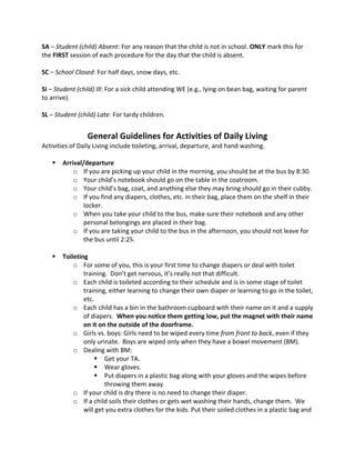 SA 
– 
Student 
(child) 
Absent: 
For 
any 
reason 
that 
the 
child 
is 
not 
in 
school. 
ONLY 
mark 
this 
for 
the 
FIRST 
session 
of 
each 
procedure 
for 
the 
day 
that 
the 
child 
is 
absent. 
SC 
– 
School 
Closed: 
For 
half 
days, 
snow 
days, 
etc. 
SI 
– 
Student 
(child) 
Ill: 
For 
a 
sick 
child 
attending 
WE 
(e.g., 
lying 
on 
bean 
bag, 
waiting 
for 
parent 
to 
arrive). 
SL 
– 
Student 
(child) 
Late: 
For 
tardy 
children. 
General 
Guidelines 
for 
Activities 
of 
Daily 
Living 
Activities 
of 
Daily 
Living 
include 
toileting, 
arrival, 
departure, 
and 
hand 
washing. 
 Arrival/departure 
o If 
you 
are 
picking 
up 
your 
child 
in 
the 
morning, 
you 
should 
be 
at 
the 
bus 
by 
8:30. 
o Your 
child’s 
notebook 
should 
go 
on 
the 
table 
in 
the 
coatroom. 
o Your 
child’s 
bag, 
coat, 
and 
anything 
else 
they 
may 
bring 
should 
go 
in 
their 
cubby. 
o If 
you 
find 
any 
diapers, 
clothes, 
etc. 
in 
their 
bag, 
place 
them 
on 
the 
shelf 
in 
their 
locker. 
o When 
you 
take 
your 
child 
to 
the 
bus, 
make 
sure 
their 
notebook 
and 
any 
other 
personal 
belongings 
are 
placed 
in 
their 
bag. 
o If 
you 
are 
taking 
your 
child 
to 
the 
bus 
in 
the 
afternoon, 
you 
should 
not 
leave 
for 
the 
bus 
until 
2:25. 
 Toileting 
o For 
some 
of 
you, 
this 
is 
your 
first 
time 
to 
change 
diapers 
or 
deal 
with 
toilet 
training. 
Don’t 
get 
nervous, 
it’s 
really 
not 
that 
difficult. 
o Each 
child 
is 
toileted 
according 
to 
their 
schedule 
and 
is 
in 
some 
stage 
of 
toilet 
training, 
either 
learning 
to 
change 
their 
own 
diaper 
or 
learning 
to 
go 
in 
the 
toilet, 
etc. 
o Each 
child 
has 
a 
bin 
in 
the 
bathroom 
cupboard 
with 
their 
name 
on 
it 
and 
a 
supply 
of 
diapers. 
When 
you 
notice 
them 
getting 
low, 
put 
the 
magnet 
with 
their 
name 
on 
it 
on 
the 
outside 
of 
the 
doorframe. 
o Girls 
vs. 
boys: 
Girls 
need 
to 
be 
wiped 
every 
time 
from 
front 
to 
back, 
even 
if 
they 
only 
urinate. 
Boys 
are 
wiped 
only 
when 
they 
have 
a 
bowel 
movement 
(BM). 
o Dealing 
with 
BM: 
 Get 
your 
TA. 
 Wear 
gloves. 
 Put 
diapers 
in 
a 
plastic 
bag 
along 
with 
your 
gloves 
and 
the 
wipes 
before 
throwing 
them 
away. 
o If 
your 
child 
is 
dry 
there 
is 
no 
need 
to 
change 
their 
diaper. 
o If 
a 
child 
soils 
their 
clothes 
or 
gets 
wet 
washing 
their 
hands, 
change 
them. 
We 
will 
get 
you 
extra 
clothes 
for 
the 
kids. 
Put 
their 
soiled 
clothes 
in 
a 
plastic 
bag 
and 
 