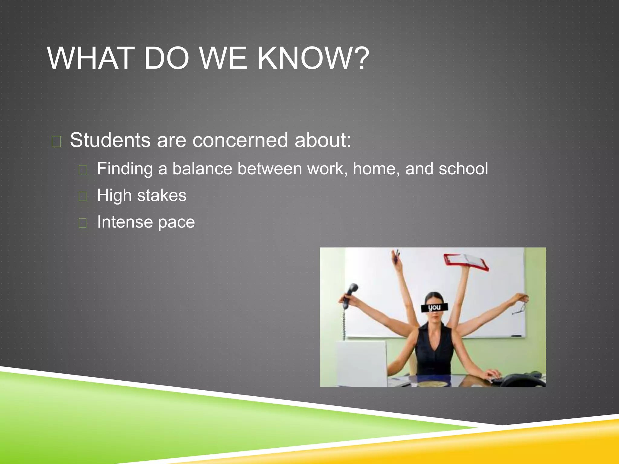 WHAT DO WE KNOW? 
 Students are concerned about: 
 Finding a balance between work, home, and school 
 High stakes 
 Intense pace 
 
