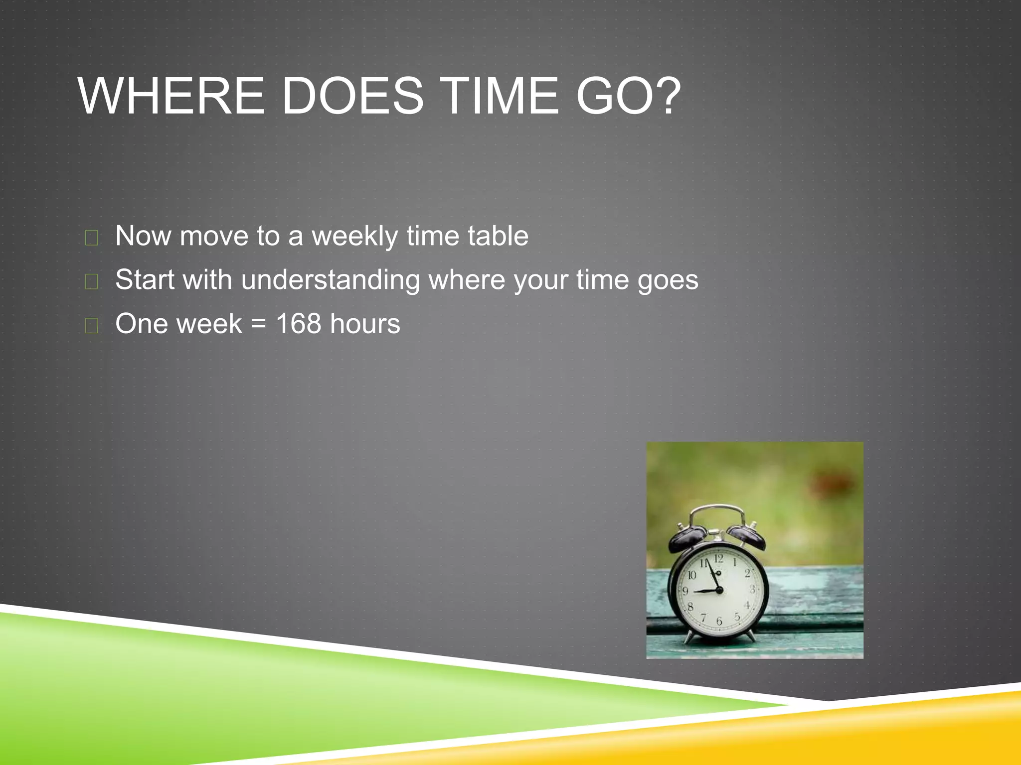 WHERE DOES TIME GO? 
 Now move to a weekly time table 
 Start with understanding where your time goes 
 One week = 168 hours 
 